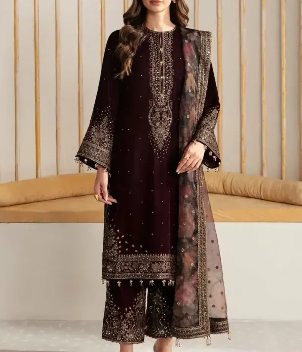 BR_1015 Sequence Embroidered 9000 Micro Velvet 3Pc With Organza Embroidered Dupatta