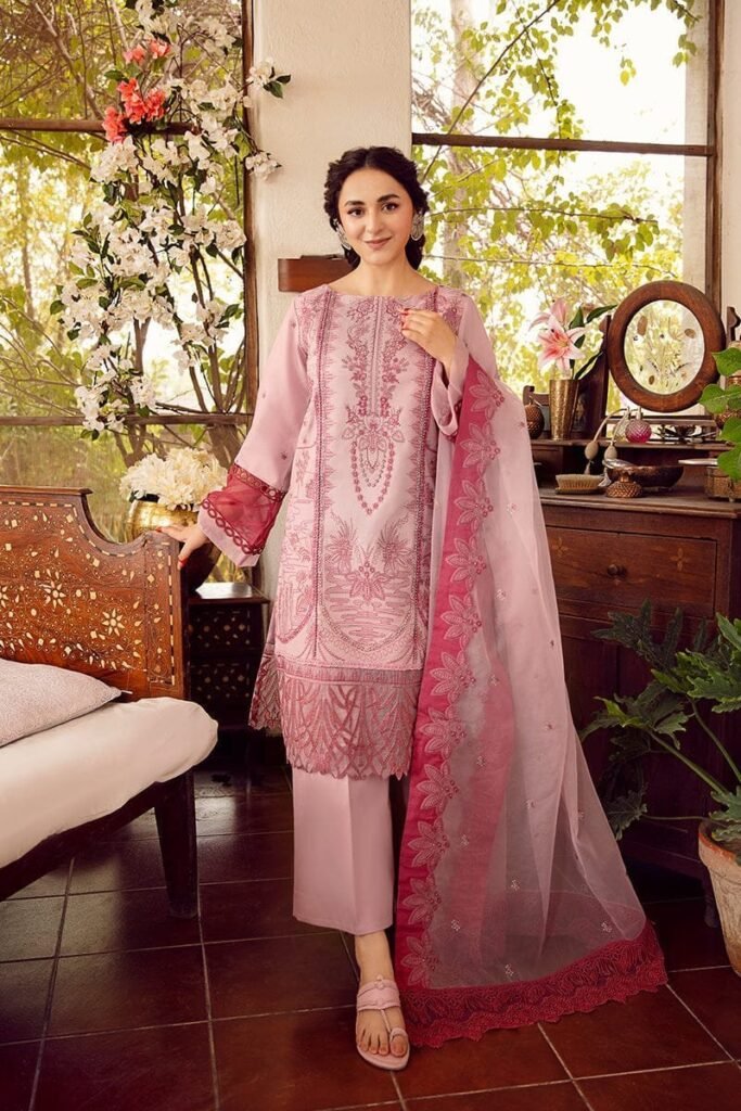 RA-46 Embroidered Unstitched Lawn 3Pc Suit With Organza Embroidered Dupatta