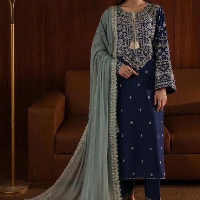 AA-51 3PC Unstitched Embroidered Lawn Suit With Embroidered Chiffon Dupatta