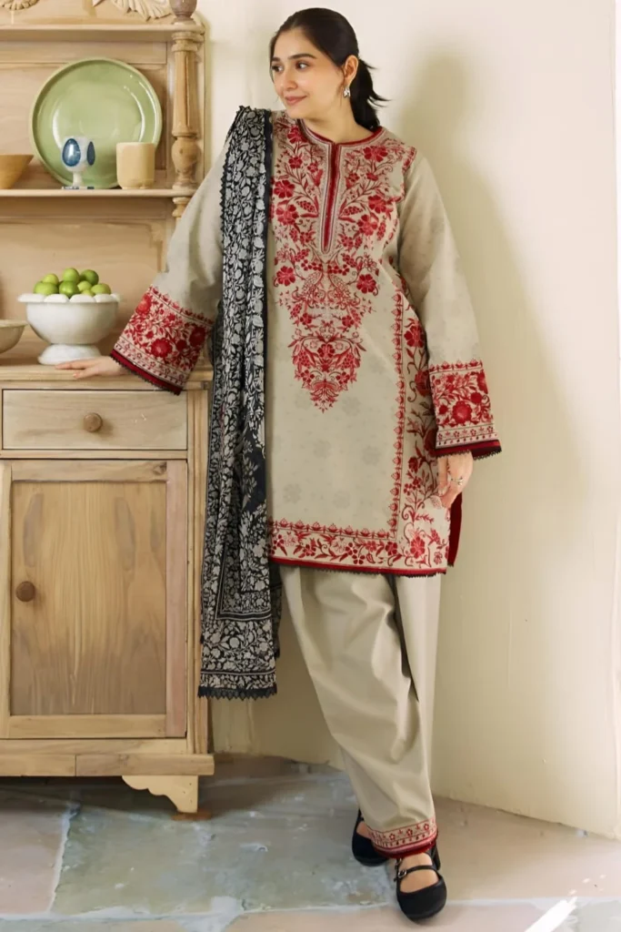 ZS-57 Unstitched Fully Embroided Dhanak Suit With Wool Shawl