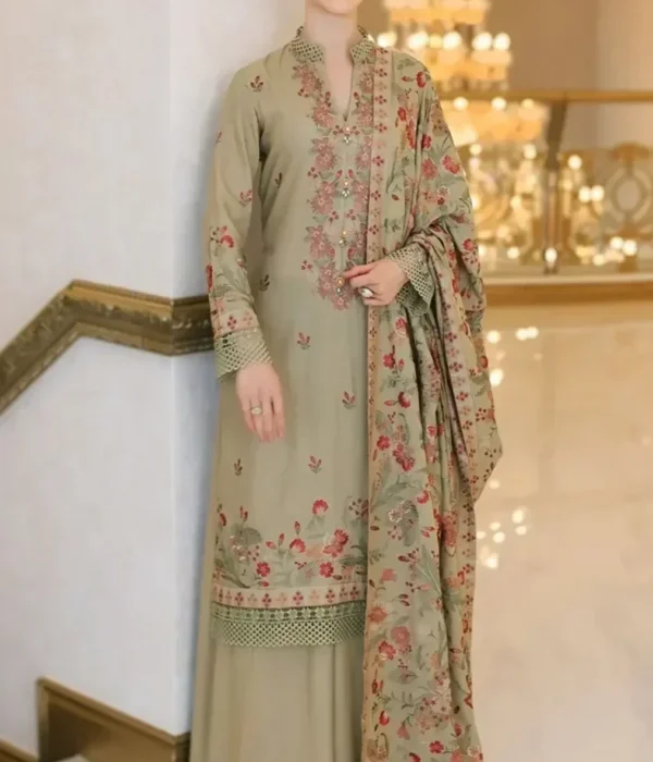 BR-955 Unstitched Embroidered Dhanak Wool Suit With Embroidered Dhanak Shawl