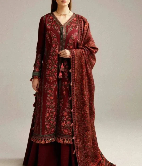 HR-730 Dhanak Embroidered Suit With Digital Printed Wool Shawl