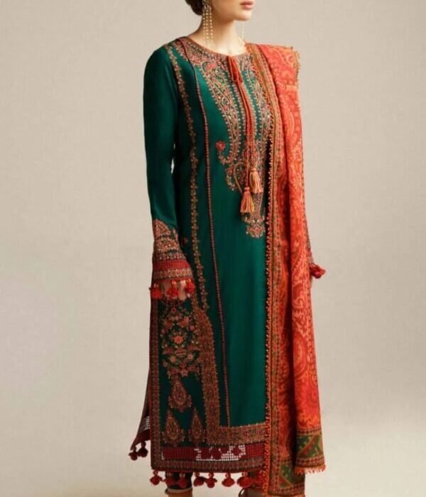 MB-525 Unstitched Dhanak Stuff Full Embroidered Suit With Printed Wool Shawl With Extra Patches