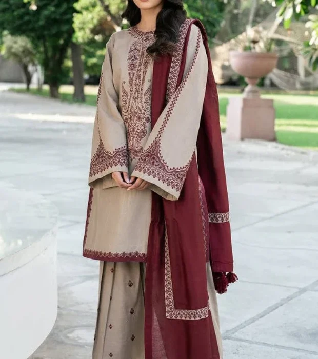 3 Piece – Unstitched Dhanak Stuff Full Embroidered Suit With Dhanak Embroiderd Shawl