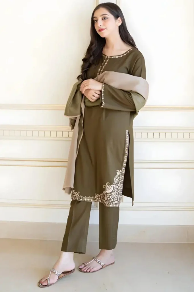AS-10 Unstitched Embroidered Dhanak Suit With Dyed Dhanak Shawl