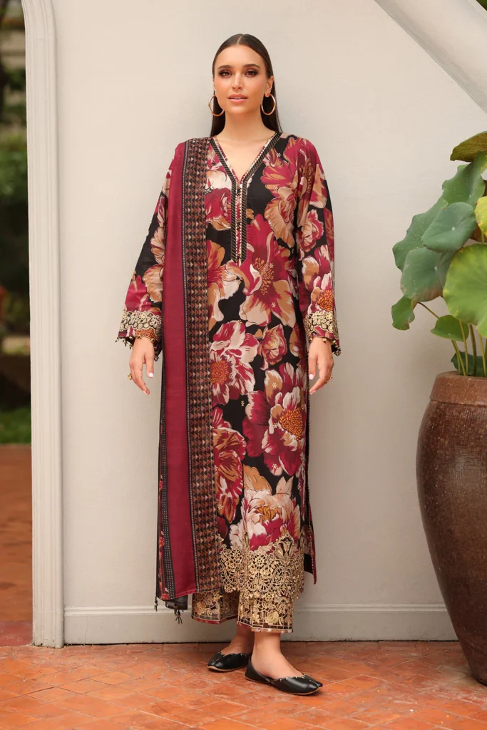 BQ-33 Digital Printed Khaddar Suit 3pc with Khaddar Digital Printed Dupatta & Embroidered Patches