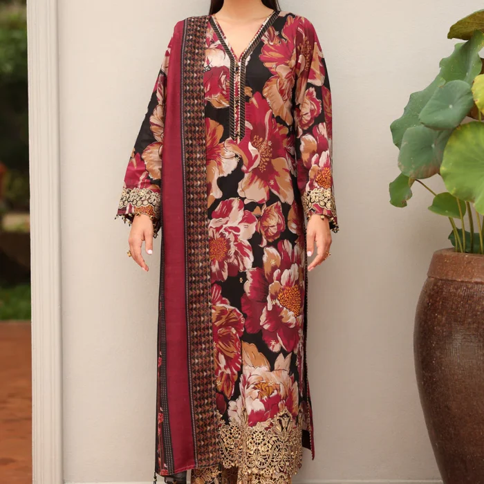 BQ-33 Digital Printed Khaddar Suit 3pc with Khaddar Digital Printed Dupatta & Embroidered Patches