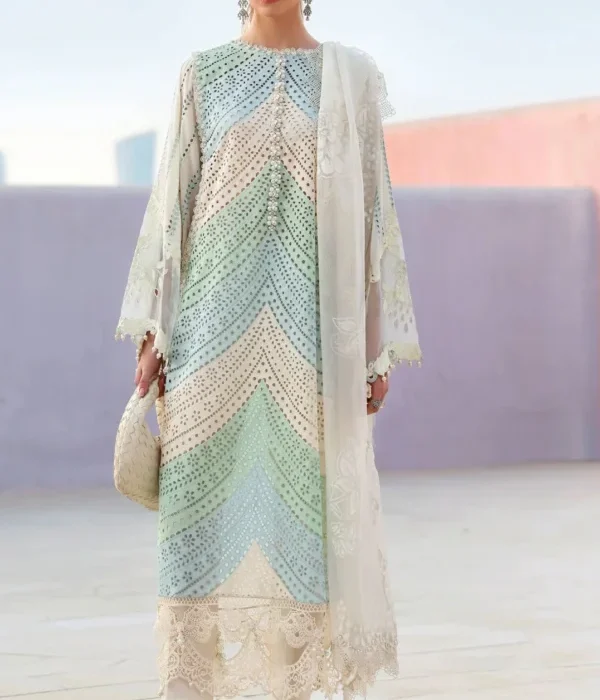 MB-2805B Lawn Unstitched Chicken Kari Embroidered Suit With Printed Organza Dupatta