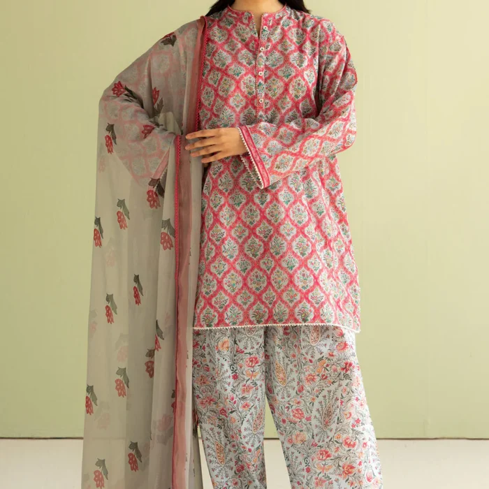 CO 494 Digital Printed 3Pc Unstitched Lawn Suit With Digital Printed Monar Dupatta