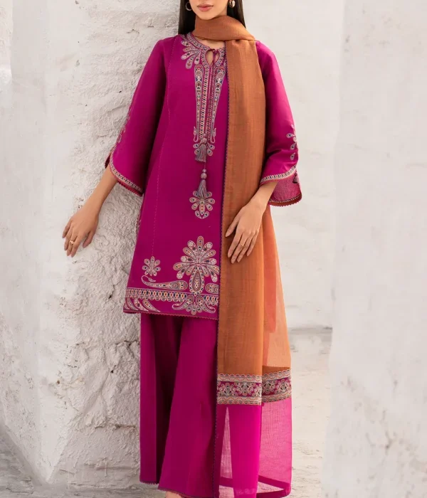 JZ-2830 3 Piece – Unstitched Embroidered Lawn Fabric With Embroidered Chiffon Dupatta