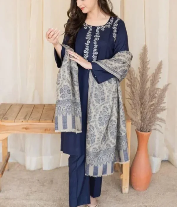 MB-830 Unstitched Fully Embroided Dhanak Suit With Wool Shawl