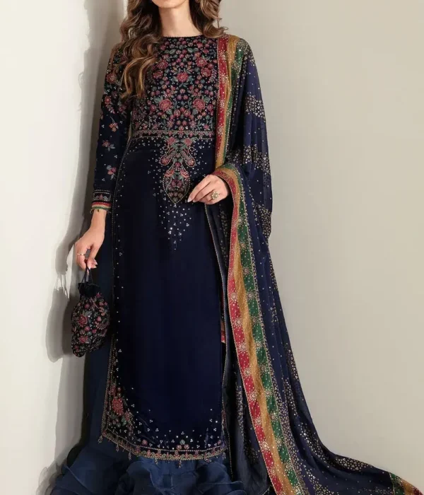 MJ-995 Embroidered 9000 Micro Velvet 3Pc With Embroidered Chiffon Dupatta