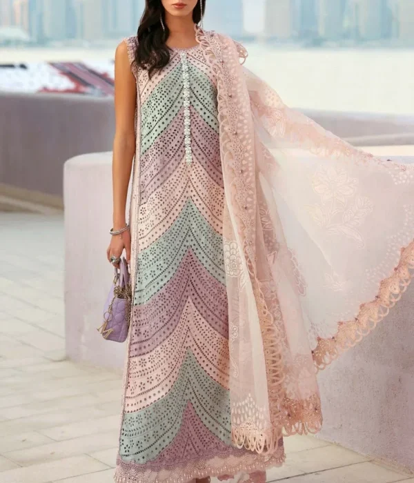 MB-2805A Lawn Unstitched Chicken Kari Embroidered Suit With Printed Organza Dupatta