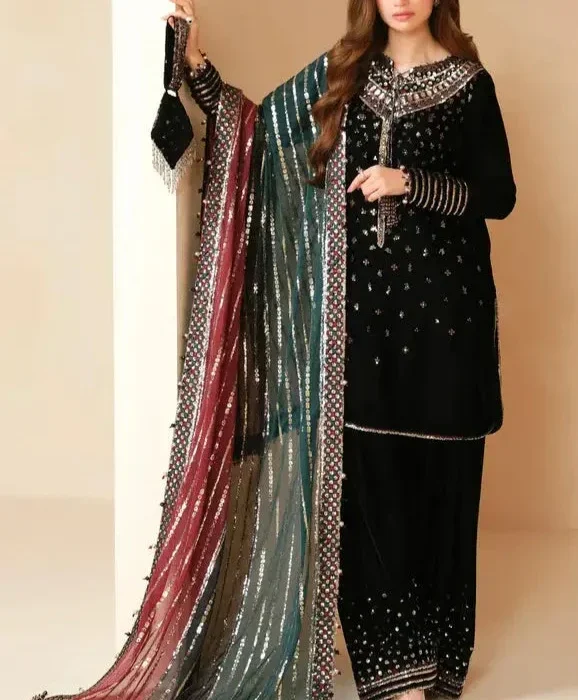 MJ-996 Embroidered 9000 Micro Velvet 3Pc With Embroidered Chiffon Dupatta