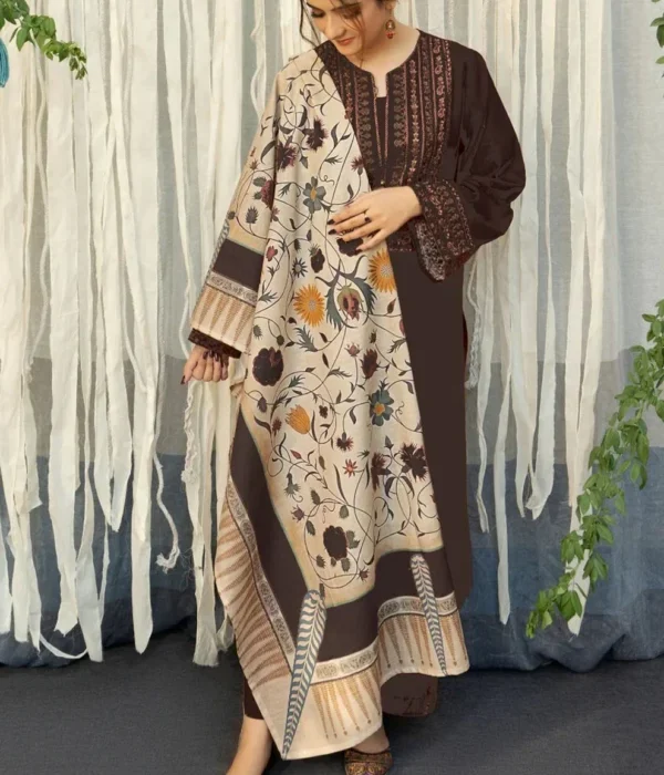 3 Piece – Unstitched Dhanak Stuff Full Embroidered Suit With Printed Wool Shawl