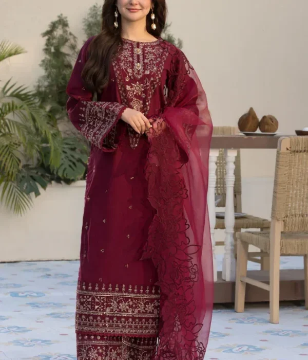 QL-2685 3 Piece -Unstitched Fully Embroidered Lawn Fabric Embroidered Organza Dupatta