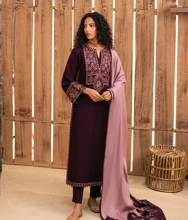 RP-605 Unstitched Dhanak Stuff Full Embroidered Suit With Digital Printed Wool Shawl