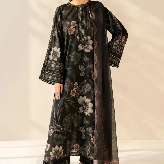 BQ-33B Digital Printed Khaddar Suit 3pc with Khaddar Digital Printed Dupatta & Embroidered Patches
