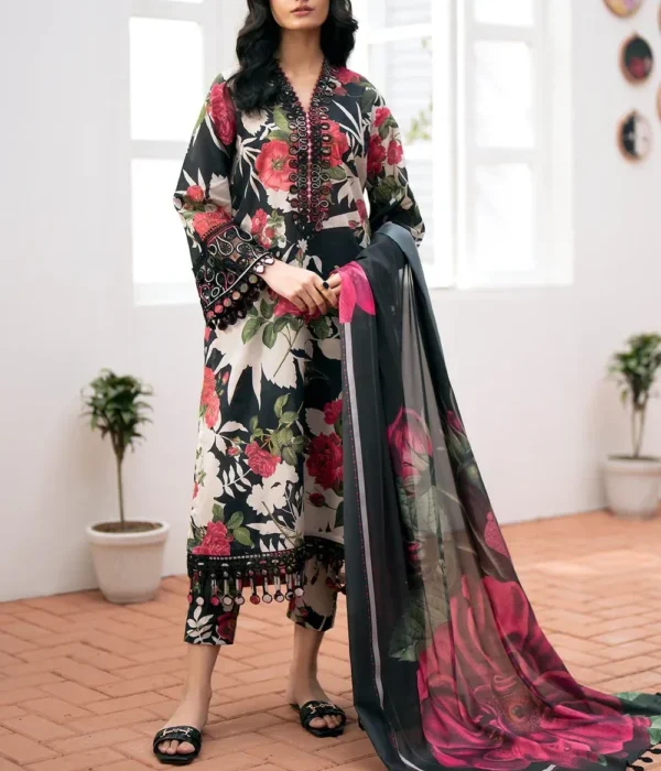 BQ-36 Digital Printed Khaddar Suit 3pc with Khaddar Digital Printed Dupatta & Embroidered Patches