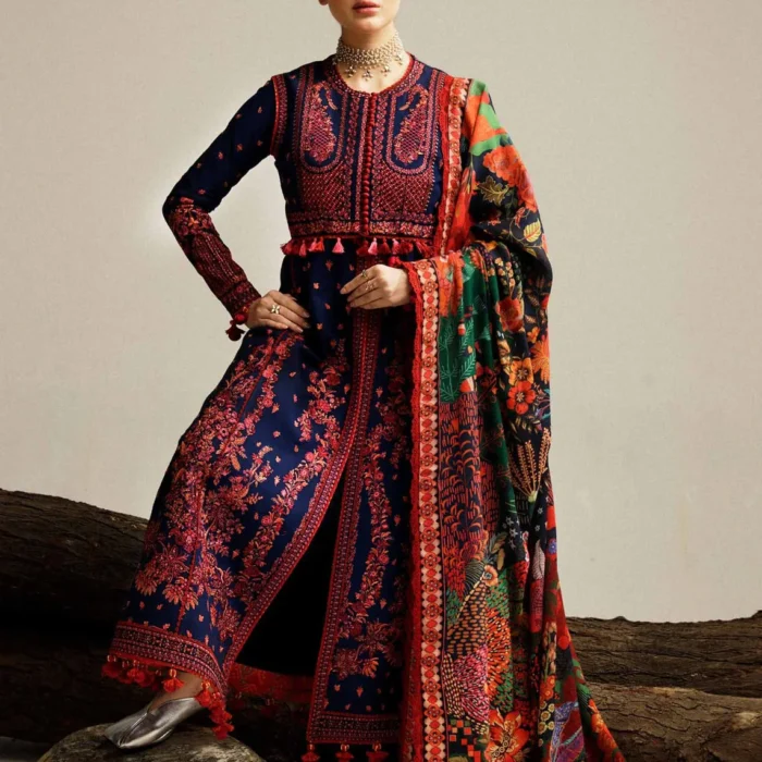 HR-570 Unstitched Dhanak Stuff Full Embroidered Suit With Digital Printed Wool Shawl