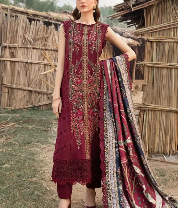 HR-515 Unstitched Dhanak Stuff Full Embroidered Suit With Printed Wool Shawl With Extra Patches