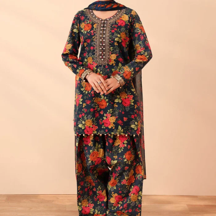 BQ-40 Digital Printed Khaddar Suit 3pc with Khaddar Digital Printed Dupatta & Embroidered Patches (Copy)