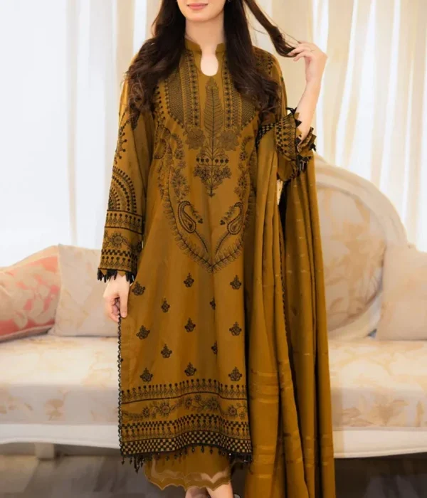 Unstitched Embroidered Dhanak Suit 3pc With Embroidered Dhanak Shawl