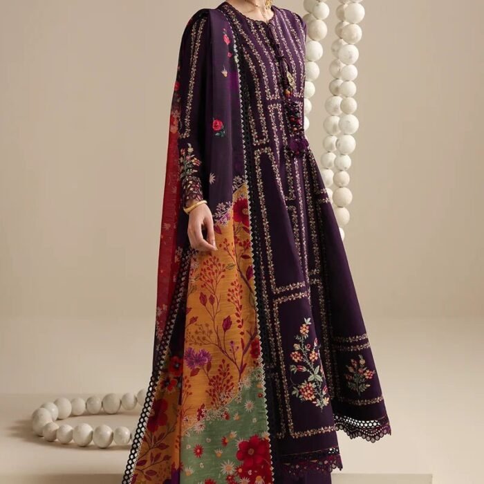 Dhanak Fabric - 3 Piece Unstitched Embroidered Dress With Printed Shawl ZH 3065