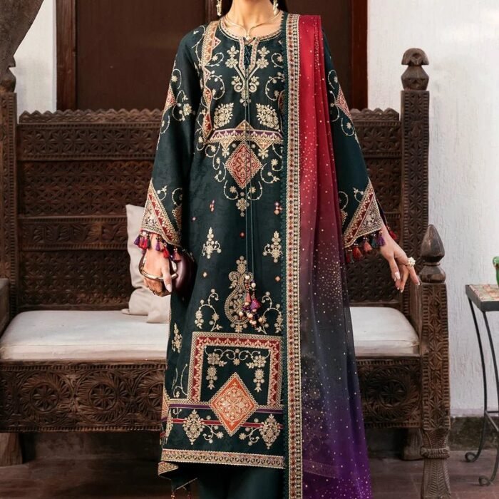 Dhanak Fabric - 3 Piece Unstitched Embroidered Dress With Printed Shawl JZ-3050