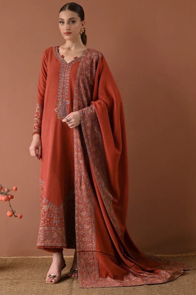 BT-2880 3 Piece Unstitched Embroiered Dhanak Fabric With Dhanak Embroidered Shawl