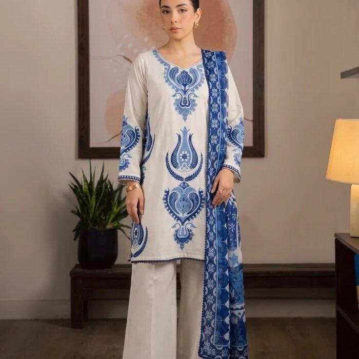 Dhanak Fabric - 3 Piece Unstitched Fully Embroidered Dress With Printed Shawl  MM=807