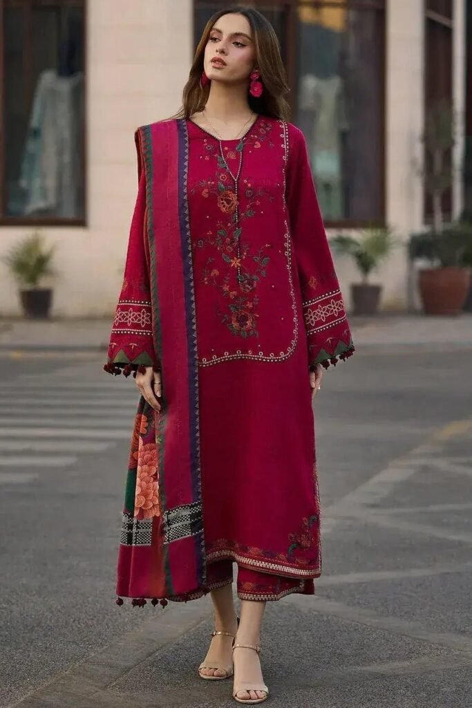 CZ=2980 Unstitched Fully Embroidered Dhanak Suit With Digital Printed Diamond Wool Shawl