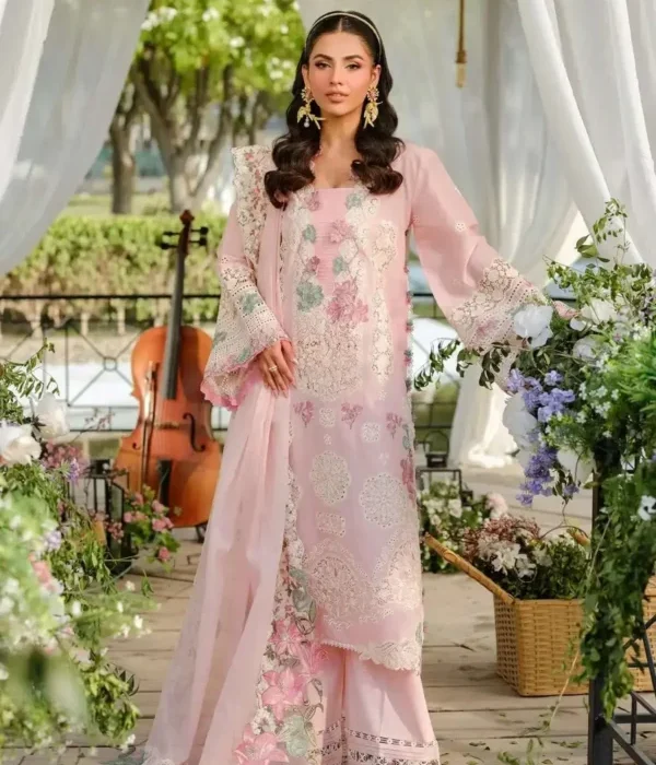 EL-2790 3Piece Unstitched Heavy Embroidered Chickan Kari Lawn Suit Four-sided Embroidered Cotton Net Dupatta