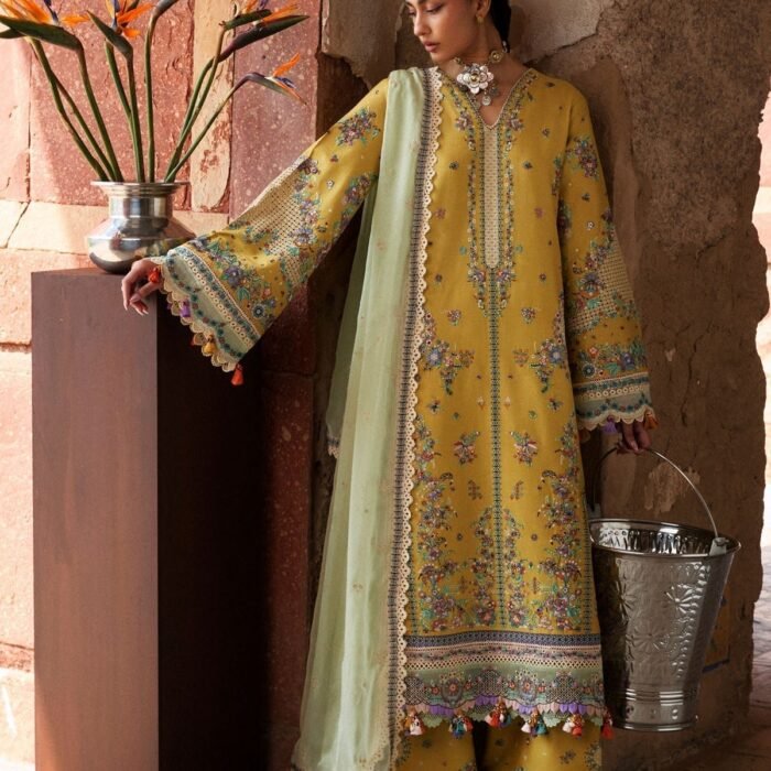 HR 3040-3 Piece Unstitched Heavy Embroidered Dhanak Fabric With Embroidered Chiffon Dupatta