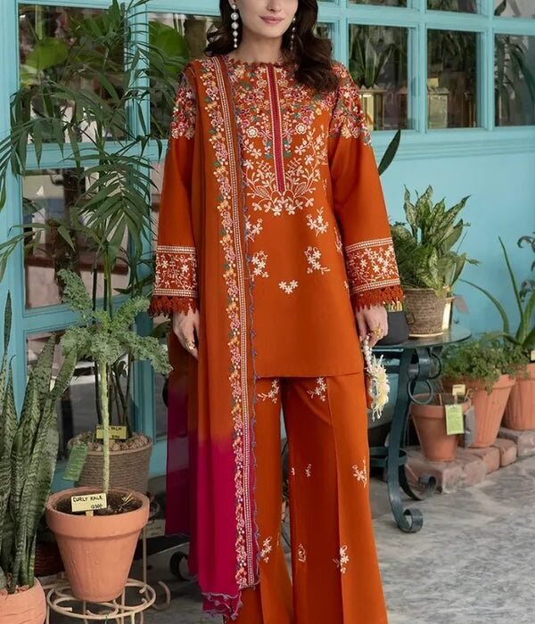 Dhanak Fabric - 3 Piece Unstitched Fully Embroidered Dress With Embroidered Shawl BT 3125