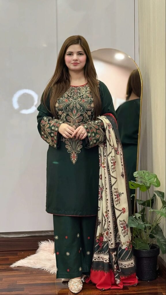 Dhanak Fabric - 3 Piece Unstitched Fully Embroidered Dress With Printed Shawl BQ 3075