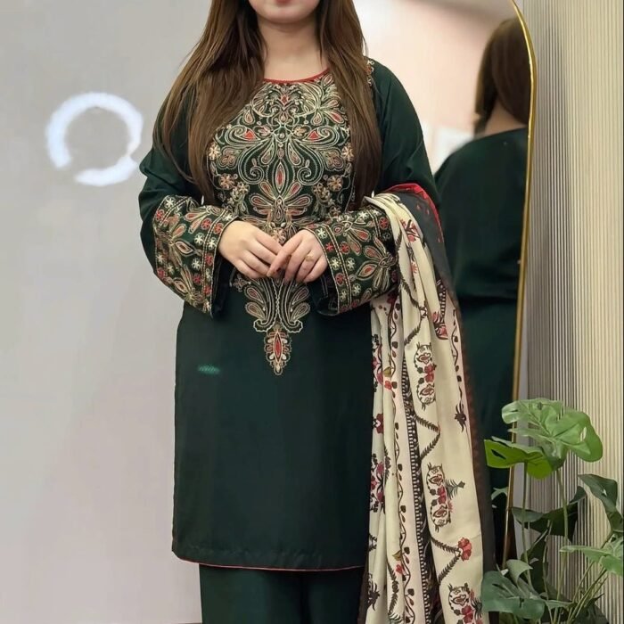 Dhanak Fabric - 3 Piece Unstitched Fully Embroidered Dress With Printed Shawl BQ 3075