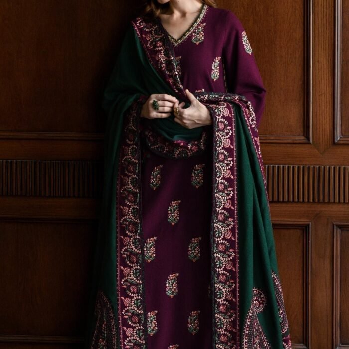 BT 2900 - 3 Piece Unstitched Embroidered Dhanak Fabric With Embroidered Dhanak Shawl