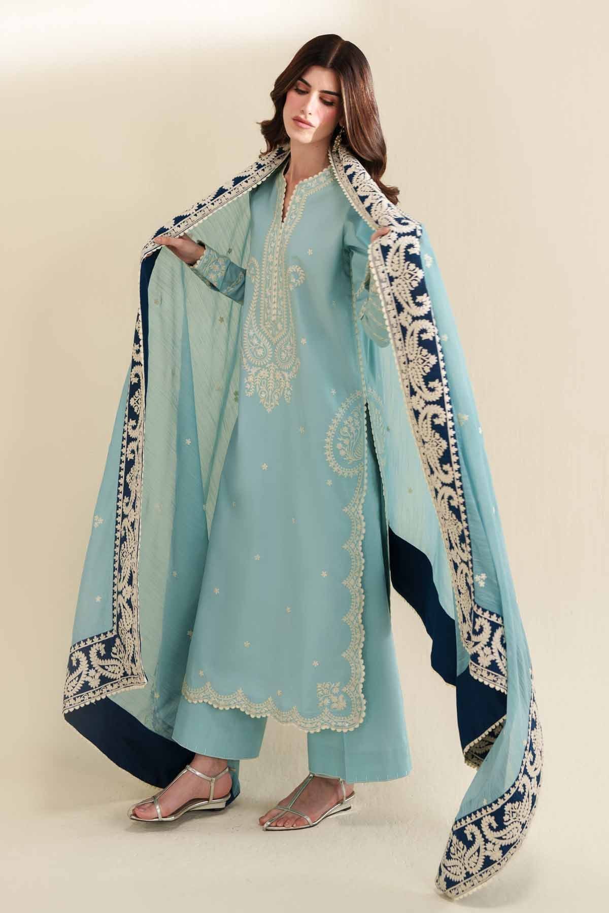 Dhanak Fabric - 3 Piece Unstitched Fully Embroidered Dress AS=3135