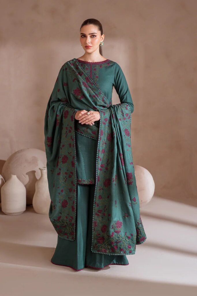 Dhanak Fabric - 3 Piece Unstitched Embroidered Suit With Embroidered Dhanak Shawl   IZ=2925