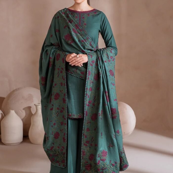 Dhanak Fabric - 3 Piece Unstitched Embroidered Suit With Embroidered Dhanak Shawl   IZ=2925