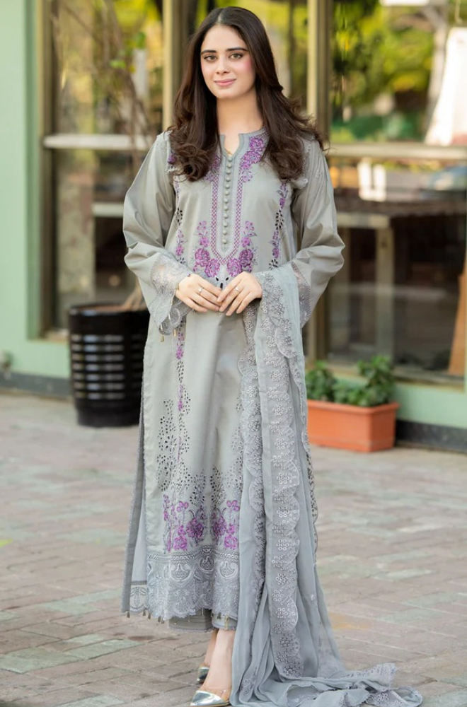 Dhanak Fabric - 3 Piece Unstitched Embroidered Suit With Embroidered Chiffon Dupatta MS-170