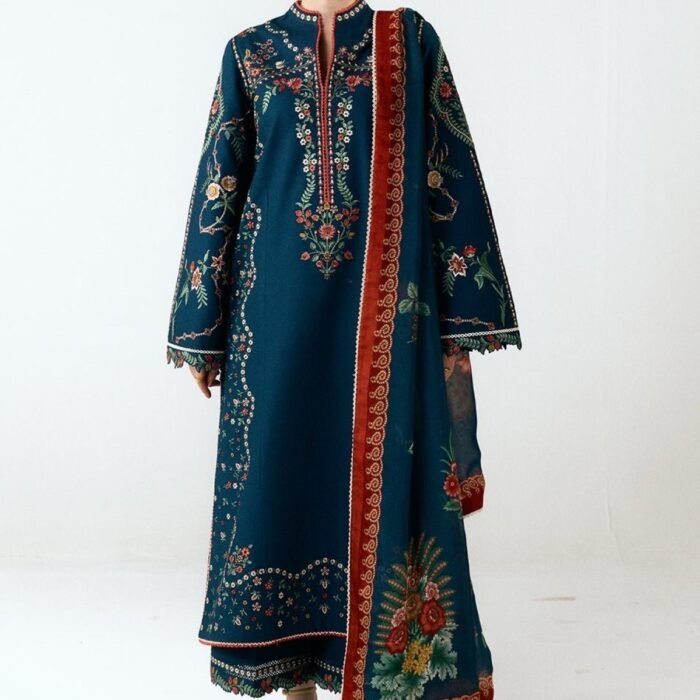 Dhanak Fabric - 3 Piece Unstitched Embroidered Dress With Digital Printed Shawl HR 3025