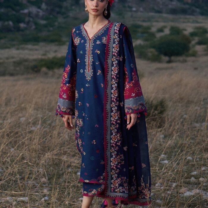 Dhanak Fabric -3 Piece Unstitched Embroidered Dress With Embroidered Chiffon Dupatta HR-3005
