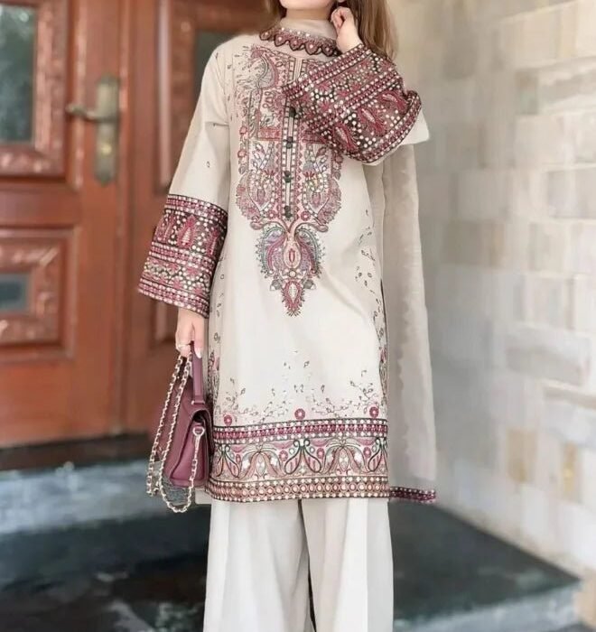 Dhanak Fabric - 3 Piece Unstitched Embroidered Dress with Embroidered Shawl   LM-2965