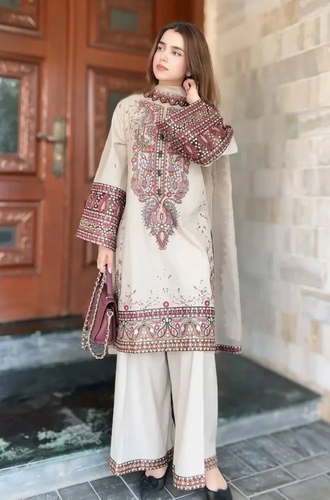 Dhanak Fabric - 3 Piece Unstitched Embroidered Dress with Embroidered Shawl   LM-2965
