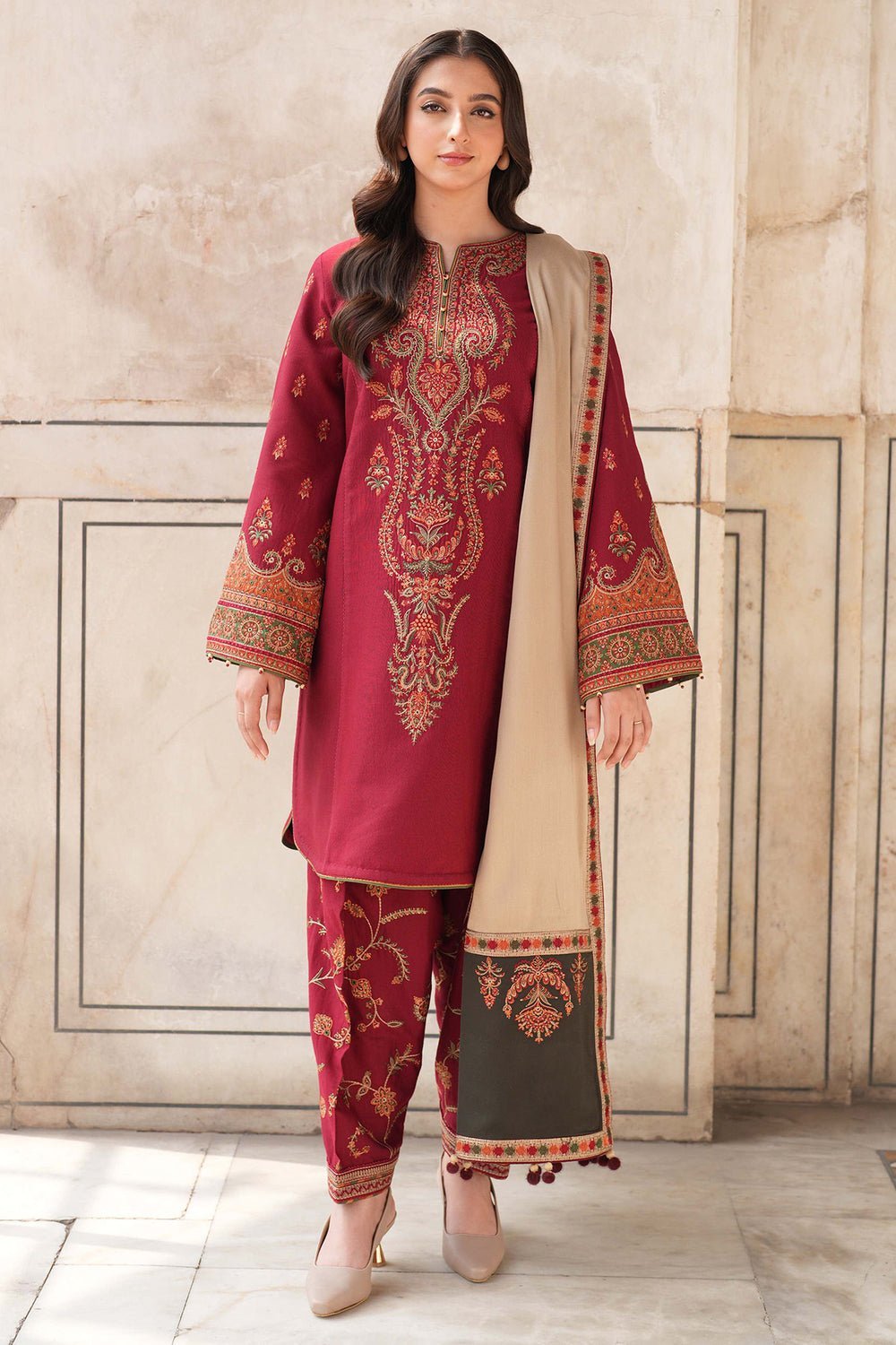 Dhanak Fabric - 3 Piece Unstitched Fully Embroidered Dress With Embroidered Shawl JZ 3100