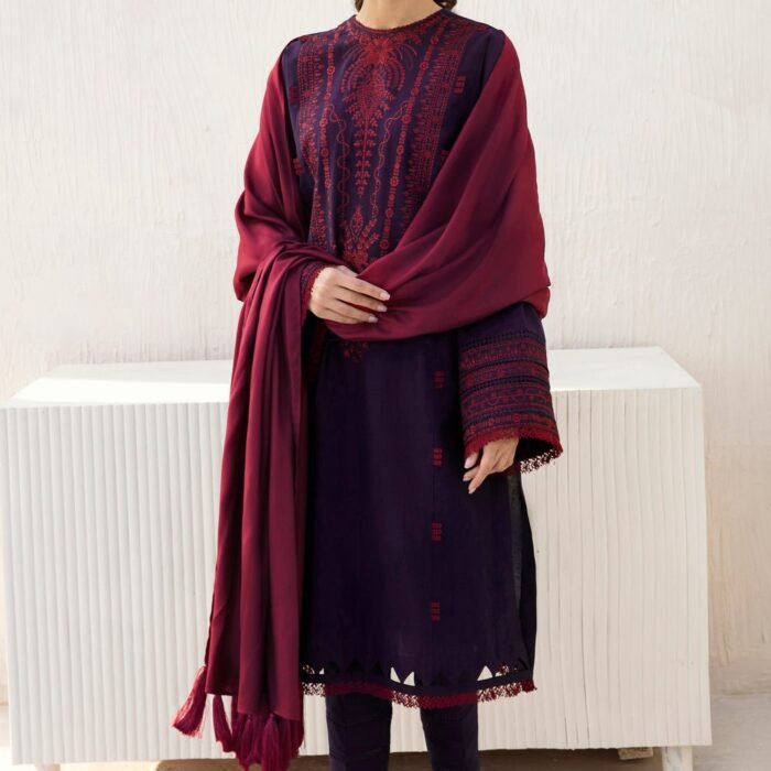 JZ 2910 - 3 Piece Unstitched Embroidered Dhanak Fabric With Dhanak Shawl