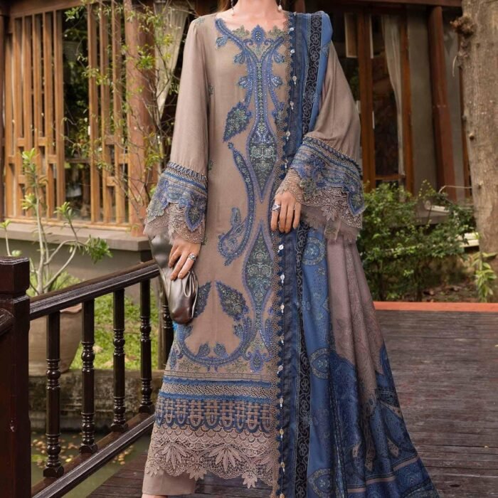 MB 3050 - 3 Piece Unstitched Heavy Embroidered Dhanak Fabric With Printed Wool Shawl