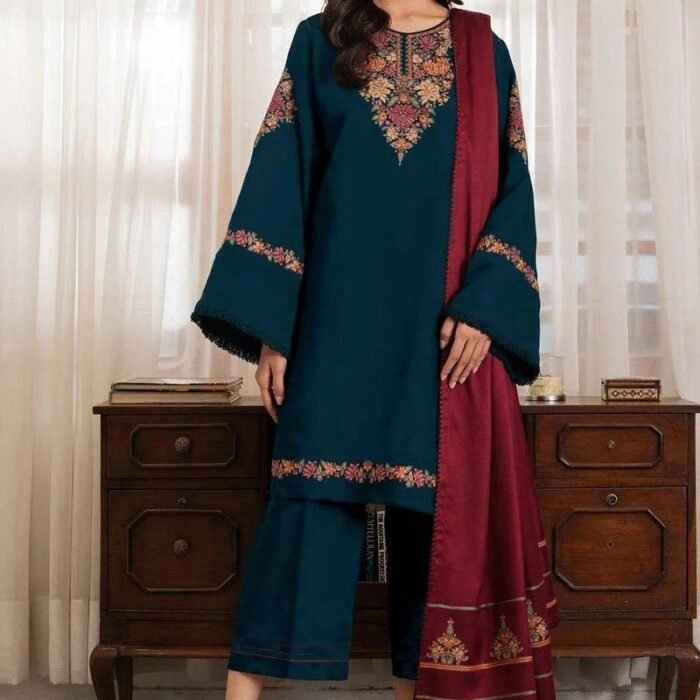 JZ 3030 - 3 Piece Unstitched Embroidered Dhanak Fabric With Embroidered Dhanak Shawl